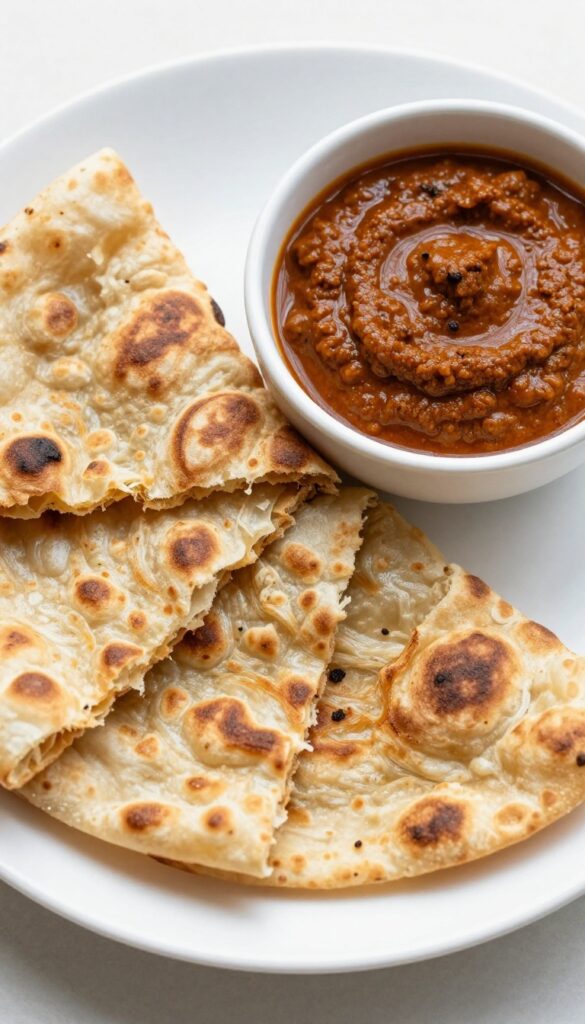 Flaky Malaysian roti canai with curry dip on a plate