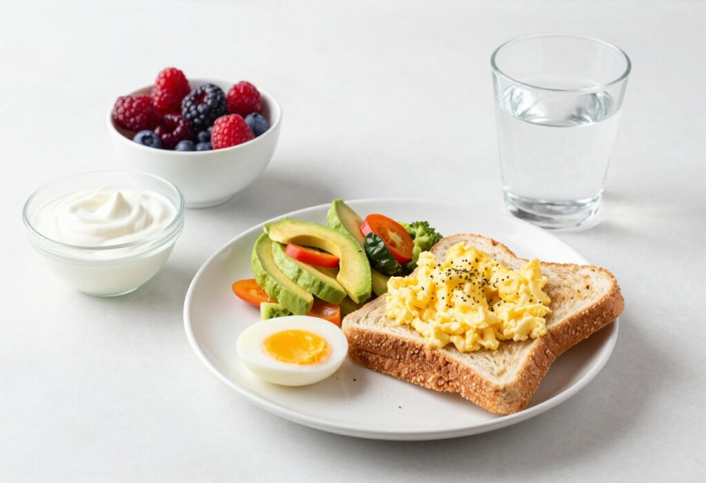 A collection of diabetic-friendly breakfast dishes including yogurt parfait, scrambled eggs, and avocado toast on a wooden table.