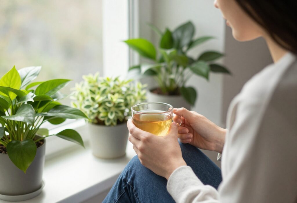 Person enjoying a quiet moment with tea by a sunlit window, surrounded by plants.