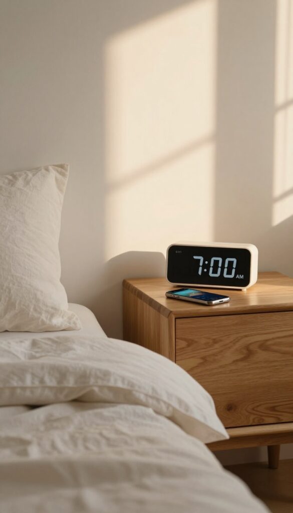 A serene bedroom with an alarm clock and smartphone set for a gentle morning wake-up, soft natural light streaming in.