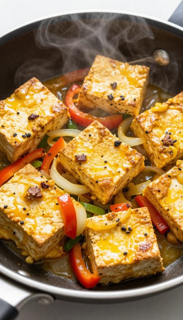 Tofu scramble with turmeric, bell peppers, and onions in a skillet
