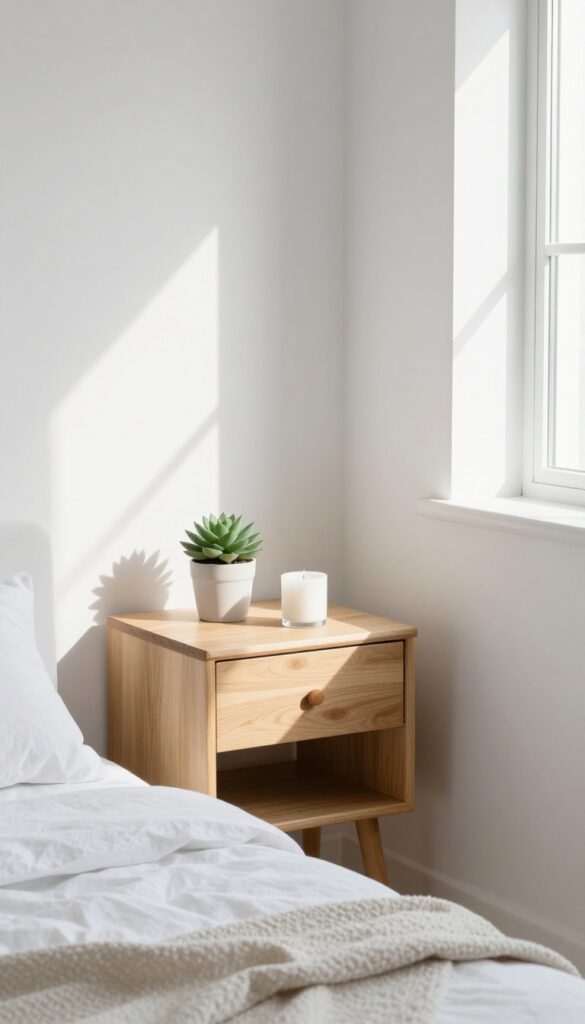 A clean nightstand with a succulent and candle in a sunlit bedroom