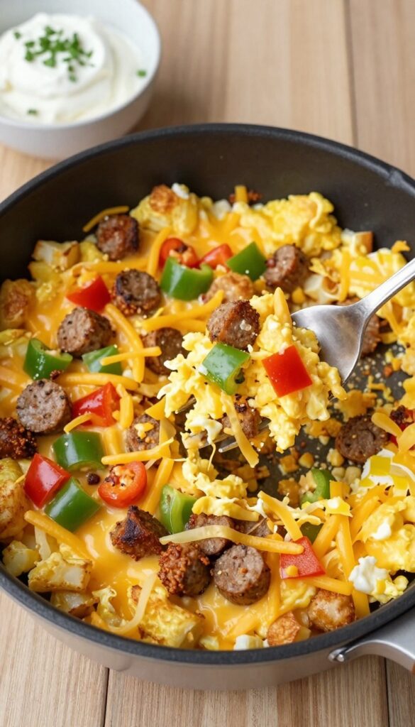 Crockpot Sausage and Pepper Hash Brown Scramble with eggs and cheese