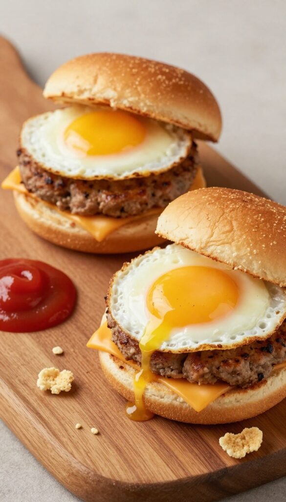 Two breakfast sliders with sausage, egg, and cheese on Hawaiian rolls, with ketchup dip.
