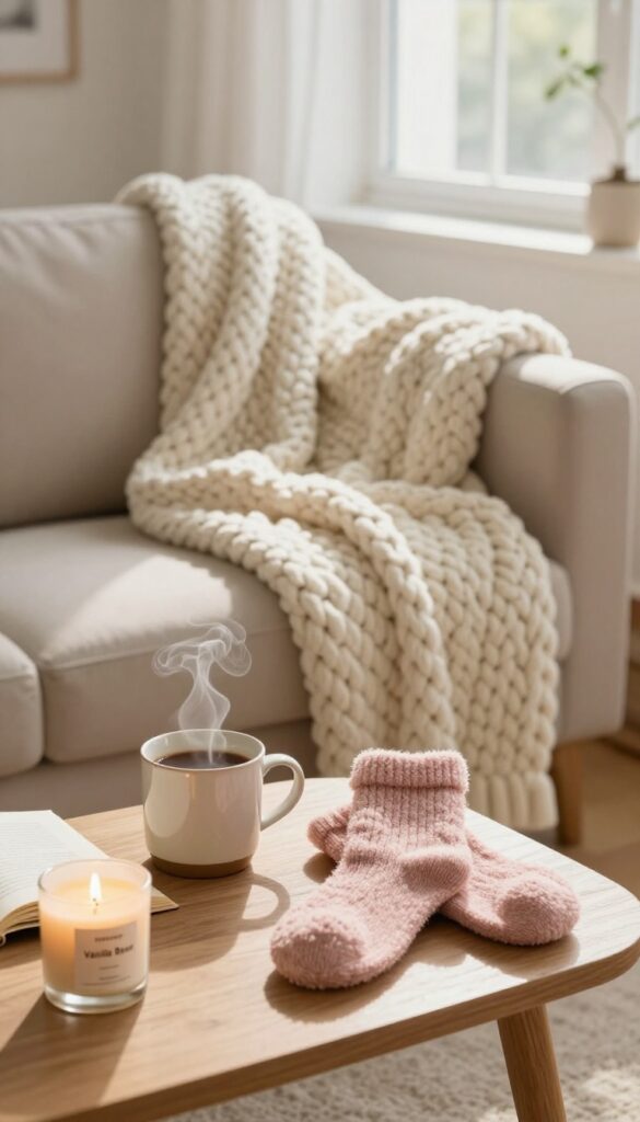 Cozy comfort basket inspiration with blanket, mug, candle, socks, and book on coffee table