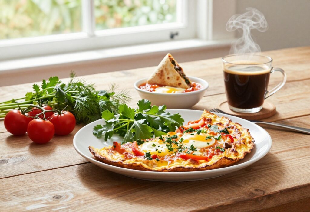 Colorful veggie breakfast dishes on a wooden table