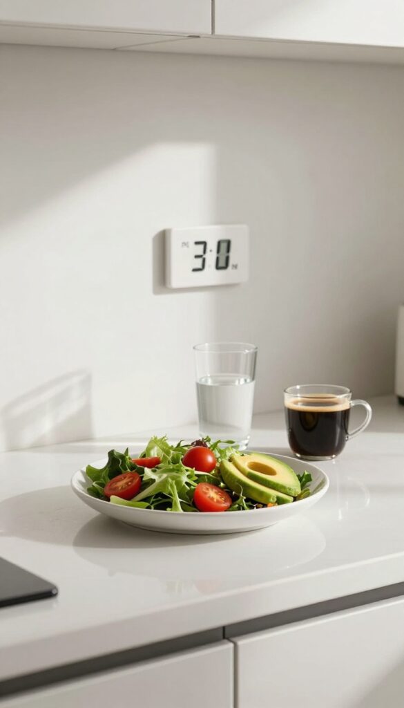A kitchen counter with a salad, water, and coffee, with a clock showing noon, representing the start of an 8-hour eating window in intermittent fasting.