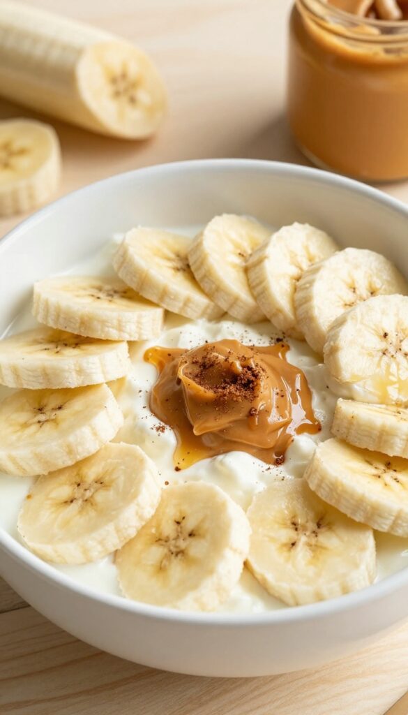 Cottage cheese bowl with sliced banana and peanut butter drizzle on a wooden table
