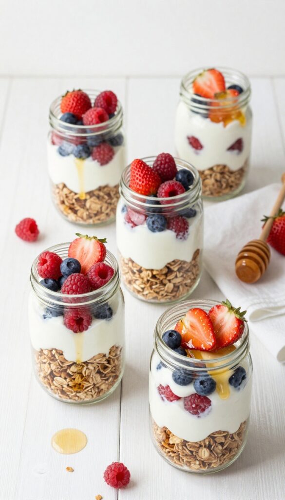 Four mason jar yogurt parfaits with layers of Greek yogurt, granola, berries, and honey on a wooden table.