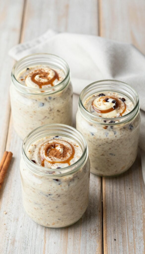 Two jars of overnight cinnamon roll oats with cream cheese glaze on a wooden table
