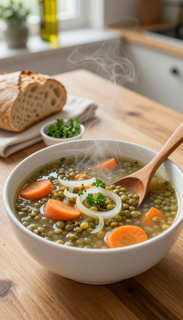 Bowl of lentil and vegetable soup with fresh parsley and whole-grain bread on a wooden table