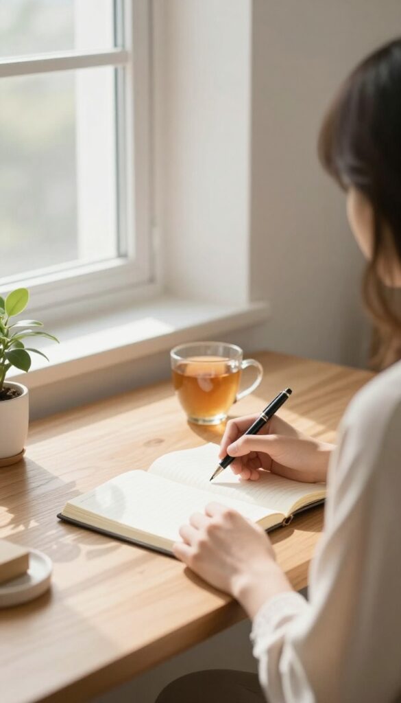 Person journaling on a Sunday evening for a weekly review, cozy and bright living room setting
