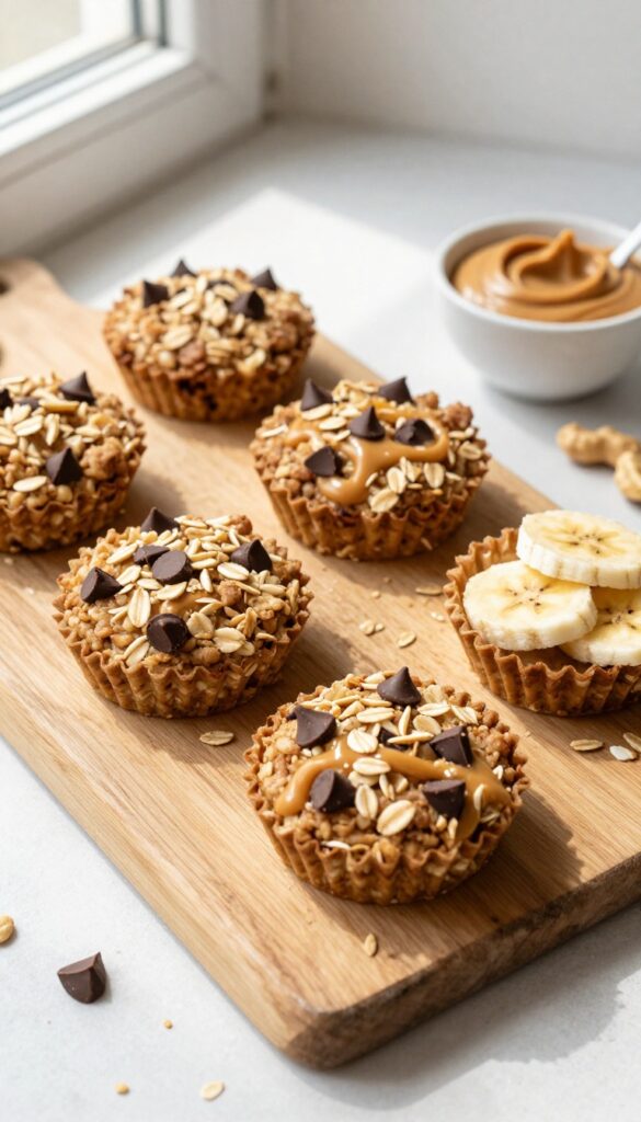Peanut butter banana oatmeal cups on a wooden board with banana slices and peanut butter