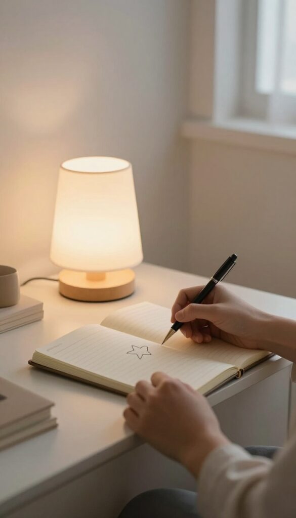Person writing in a notebook by the bed before sleep, capturing one good thing from the day.