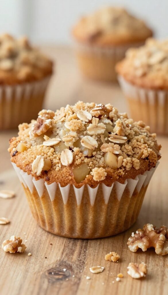 Apple cinnamon streusel muffin on wooden table with crumb topping