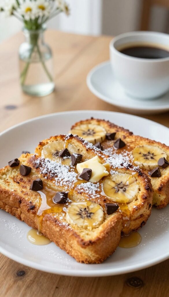 Chocolate chip banana bread French toast with maple syrup and butter on a plate, coffee and flowers in background