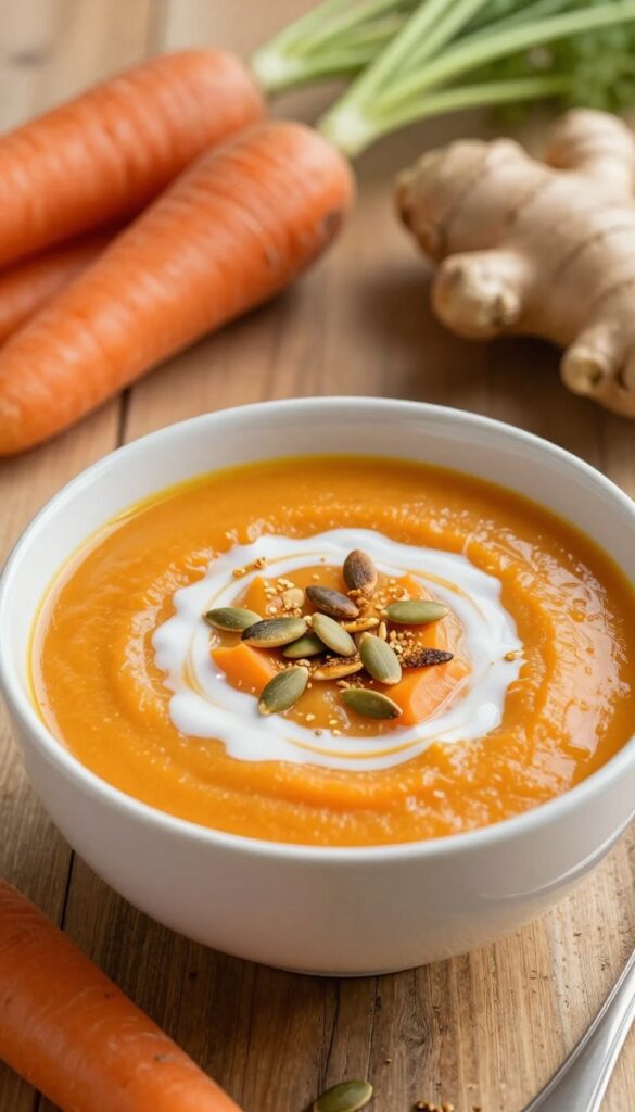 Bowl of carrot ginger soup with seeds and coconut milk swirl
