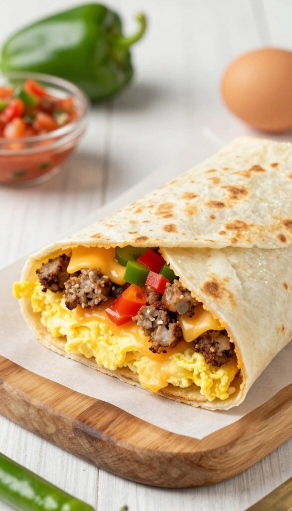 A halved breakfast burrito with eggs, sausage, cheese, and peppers on a wooden board with ingredients.