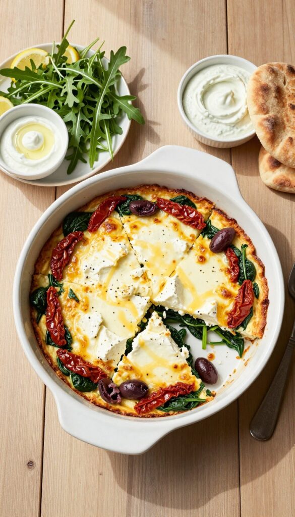 Mediterranean feta and spinach breakfast bake with tzatziki and pita bread on a wooden table