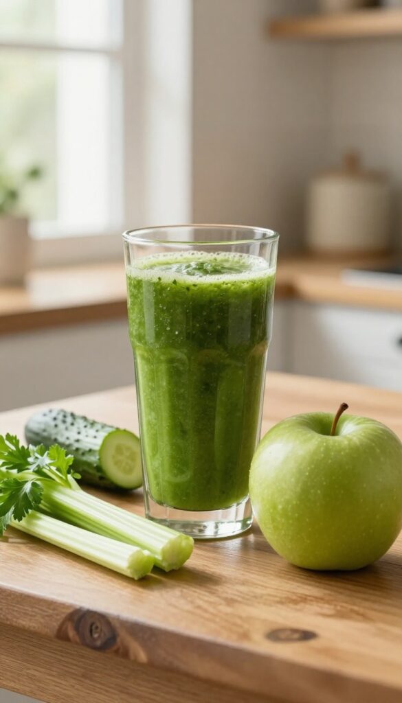 Green smoothie in a glass with fresh apple, celery, cucumber, and parsley on a wooden table.