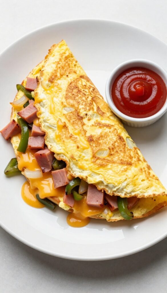 A Denver omelet filled with ham, peppers, and onions, topped with melted cheddar cheese, served on a plate with toast.