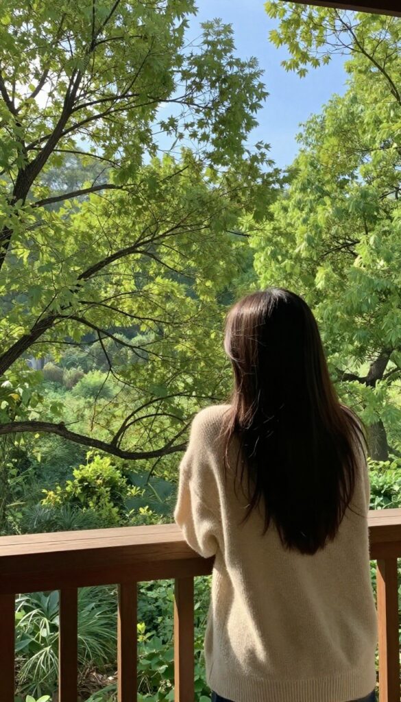 Person standing on a balcony looking at a green landscape, fresh air self-care moment