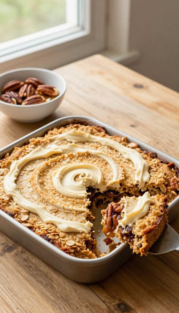 Cinnamon roll baked oatmeal in a baking dish with a slice lifted, pecans and maple syrup nearby.