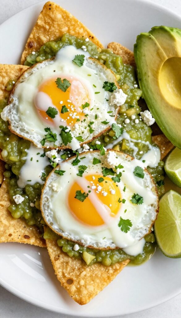 Chilaquiles verdes with fried egg, crema, cotija cheese, cilantro, and avocado slices on a white plate.