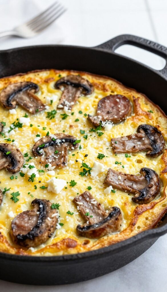 Sausage and mushroom frittata in a cast-iron skillet with goat cheese and parsley