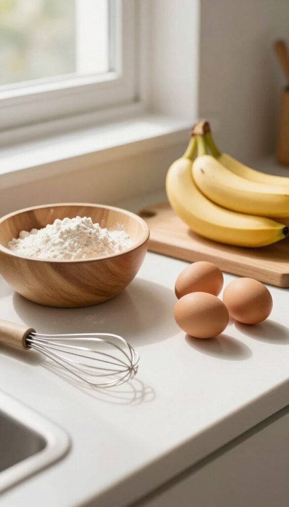 A bright kitchen counter with a mixing bowl, whisk, and fresh ingredients for baking, bathed in natural sunlight.