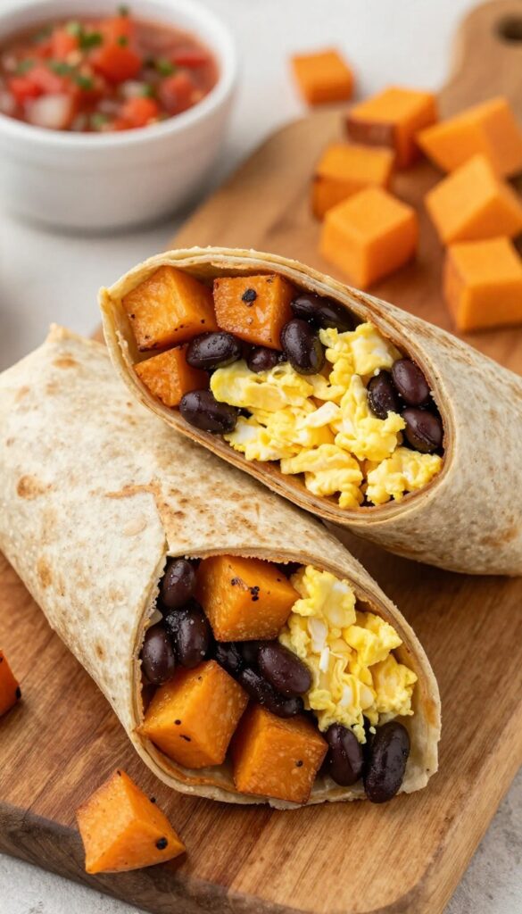 Whole wheat breakfast burrito filled with roasted sweet potatoes, black beans, and scrambled eggs, cut in half, on a wooden board with salsa.