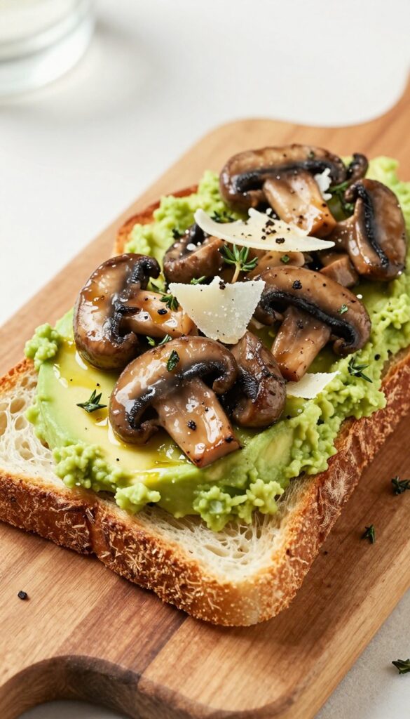 Truffle mushroom and parmesan avocado toast on sourdough, close-up overhead view