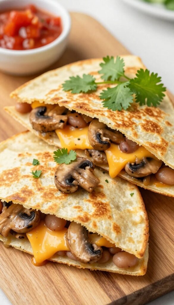 Crispy breakfast quesadilla with mushrooms and Oaxaca cheese, cut into wedges, garnished with cilantro, with salsa on the side.