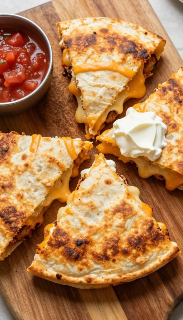 Turkey and cheese breakfast quesadilla wedges with salsa and sour cream on a wooden board.