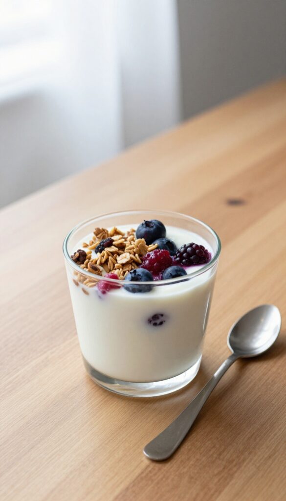 Yogurt parfait with granola and berries in a glass cup on a wooden table