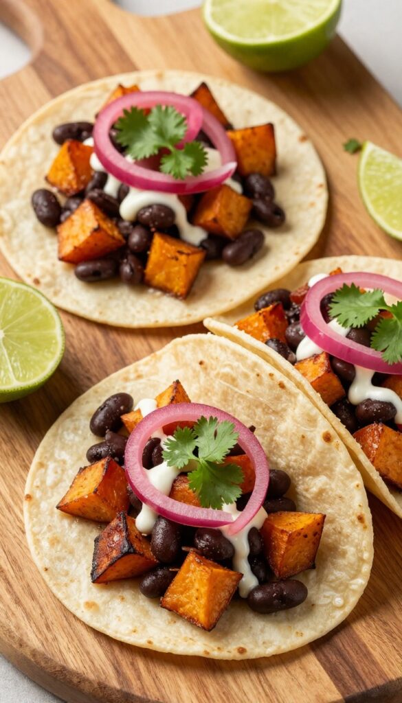 Two corn tortillas filled with roasted sweet potato and black beans, topped with crema, pickled onions, and cilantro, with lime wedges on a wooden board.