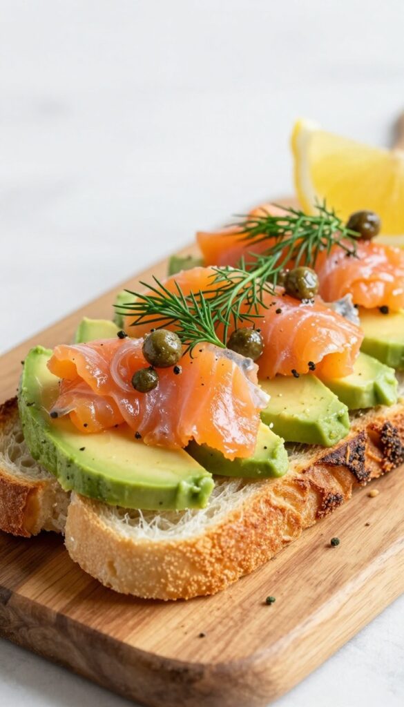 Smoked salmon and capers avocado toast on sourdough