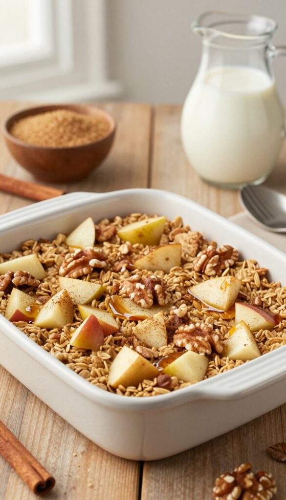 Apple cinnamon baked oatmeal in a baking dish with apples and walnuts, served with brown sugar and warm milk on a wooden table.
