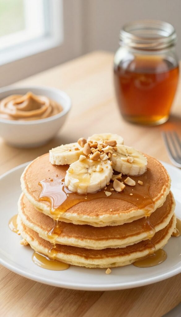 Stack of peanut butter banana pancakes with syrup, bananas, and peanuts on a plate.