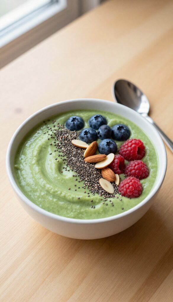 Smoothie bowl topped with chia seeds, almonds, and berries on a wooden table