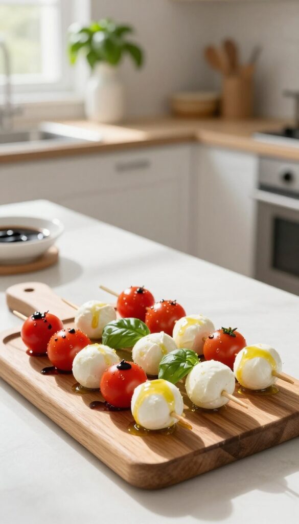 Caprese breakfast skewers with balsamic glaze on a wooden board in a bright kitchen