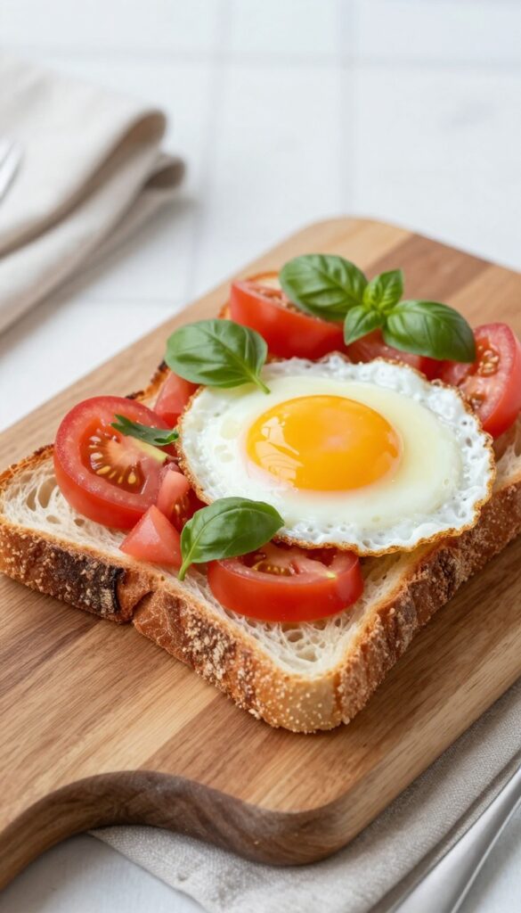 Tomato and basil egg toast with a fried egg on crusty bread