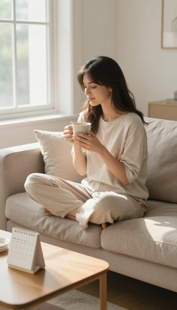 Woman relaxing on sofa with tea, crossed-out obligation on calendar, soft natural light