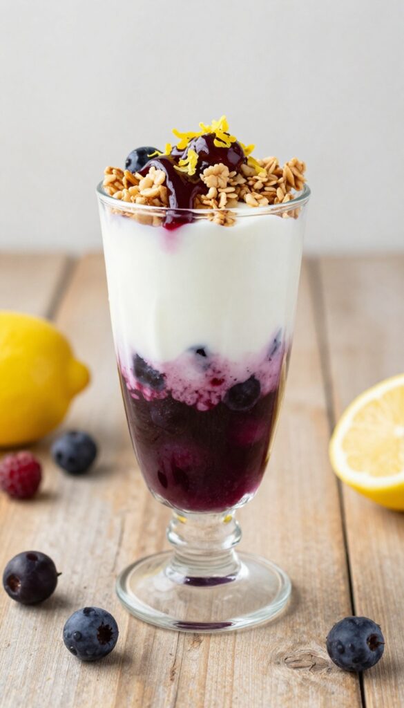 Berry compote parfait with yogurt and granola, garnished with lemon zest