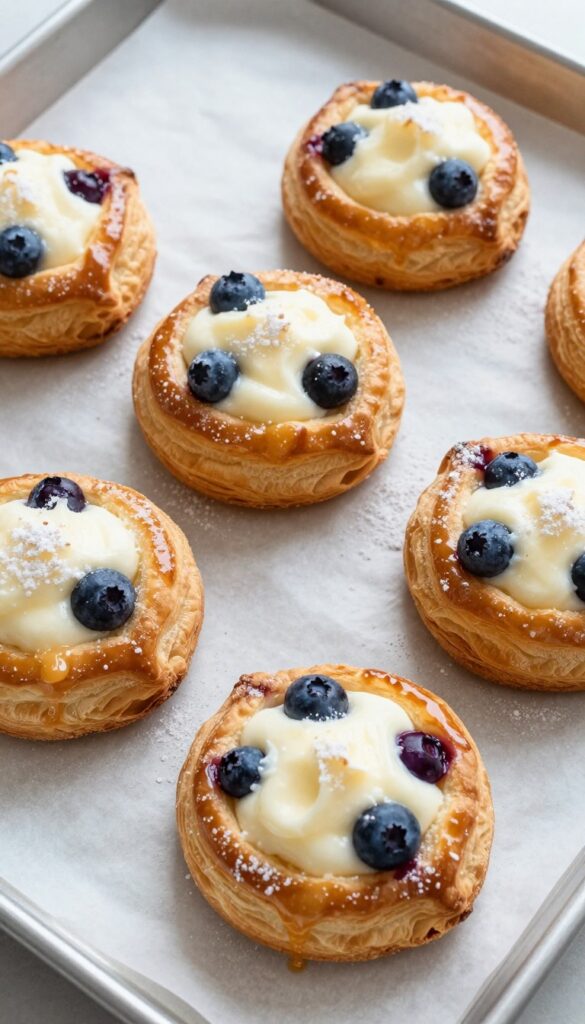 Freshly baked blueberry cream cheese puff pastry Danishes on a baking sheet, golden and flaky with powdered sugar.
