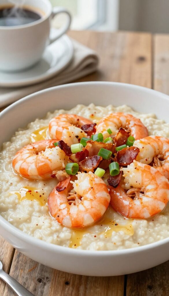 Spicy shrimp and grits in a bowl on a wooden table with coffee.