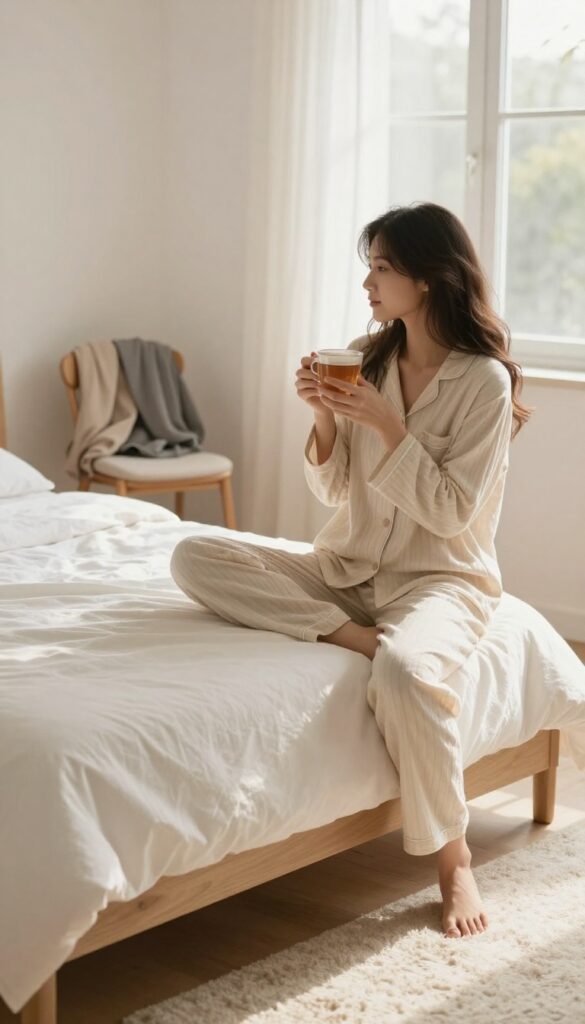 Woman in cozy pajamas relaxing on bed after changing out of work clothes