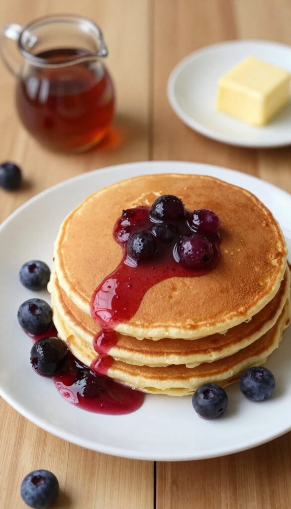 Stack of fluffy buttermilk pancakes topped with berry compote on a plate, with syrup and butter, on a wooden table in natural light.