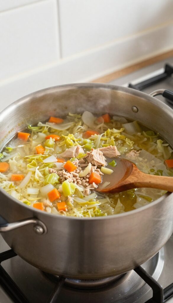 Cabbage soup with ground turkey simmering in a pot on a stove