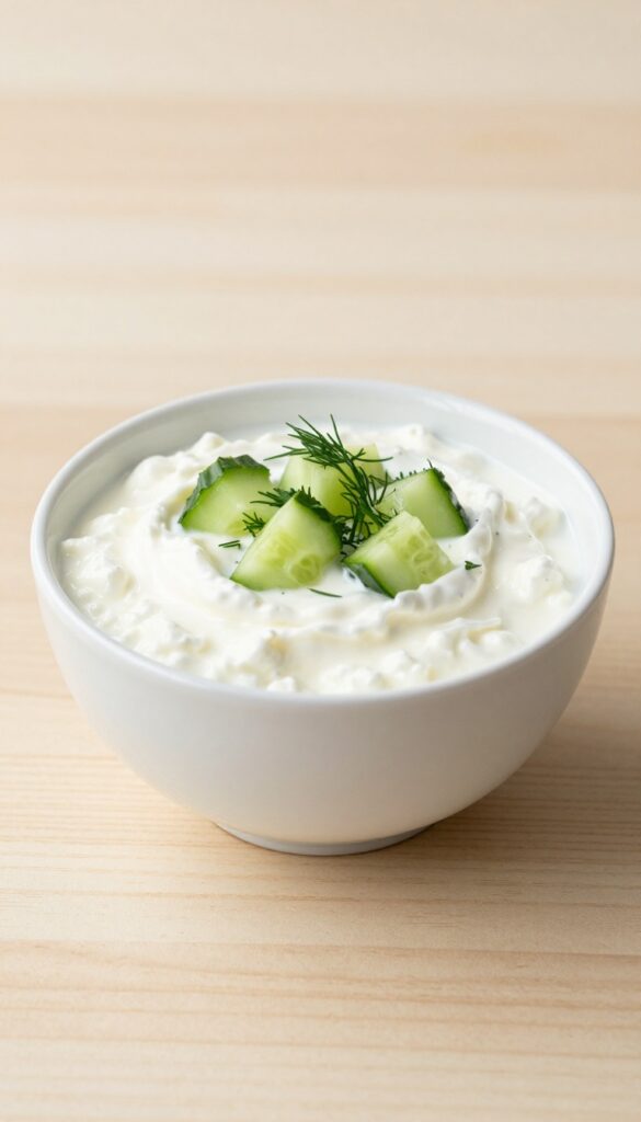 Cottage cheese bowl with cucumber and dill